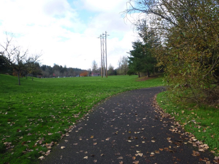 Hard surface path on the Salmon Creek Greenway Trail – grass on both sides of path